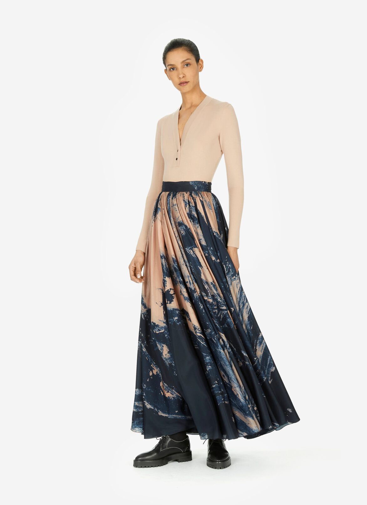 Wide printed habotai silk skirt  ALAÏA BLUE/NEUTRAL WIDE PRINTED HABOTAI SILK SKIRT